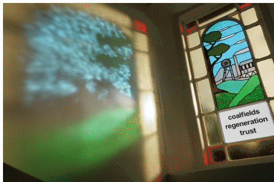 stained glass window with words